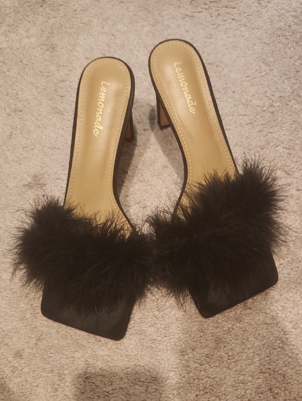 Lemon Black Fur-Trim Square Toe Mule Heels